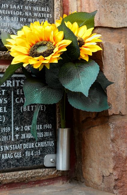 A floral tribute featuring bright yellow sunflower blooms with dark centers, accompanied by large green leaves and arranged in a simple bouquet. The flowers are fresh with slightly textured petals, pl