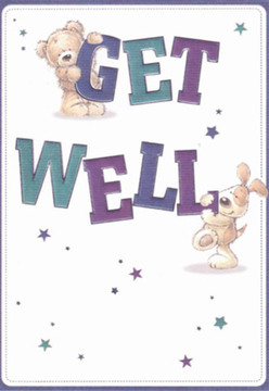 This illustrated get well card carries the same soothing charm you'd find in a lovingly arranged bouquet from a local Nunhead florist. At the centre, a teddy bear balances atop the bold, upright letters of 'GET', while a cheerful puppy cradles the word 'WELL', both rendered in gentle shapes and deeply expressive faces that speak of hope and affection. The scene is alive with playful energy-scattered stars in blues and purples echoing the twinkle of Nunhead's community spirit and the wish for brighter days. The deep purples and teals of the text stand confidently against a clean, white expanse, reminiscent of the fresh start each new morning brings to Nunhead's bustling high street. The delicate textures-fluffy bear fur and velvety puppy ears-offer a sense of touch almost as real as a freshly gathered bouquet awaiting delivery to nearby Peckham Rye. Thoughtful detail and care are woven throughout, mirroring the attentive artistry that local florists bring to their work. Every nuance, from the typography's cheerful optimism to the gentle companionship depicted, is designed to lift the spirits and bring genuine comfort to someone on the mend in Nunhead.