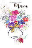 This Mother's Day card presents a vibrant, watercolour-inspired bouquet that appears to have just been gathered from a lively spring garden around Nunhead and Peckham Rye. At the centre, lush blossoms in jewel-like purples, playful pinks, and radiant reds are outlined with confident strokes of indigo, giving the impression of open roses, anemones, and mixed seasonal flowers, all mingling together in a joyful cluster. Cooler notes of blue and soft lavender weave between the brighter tones, creating gentle pockets of calm, much like shaded spots in local parks on a sunny May afternoon. Fine lines and tiny flickers of gold glint across the petals and foliage, suggesting both delicate veins and the shimmer of light brushing over fresh, dewy blooms. The arrangement rises from a softly rounded vase, whose curves are accentuated by an elegant golden bow that hints at the rustle of ribbon and tissue when a bouquet is handed over a doorstep in Nunhead. Around the central image, speckles and splashes of colour scatter across the white background, reminiscent of confetti or petals floating to the ground after a celebration, amplifying the feeling of joy and love. The composition feels airy yet intentional, as if created by a florist-artist capturing the emotions of Mother's Day in a single expressive sketch. It conveys warmth, appreciation, and a tender promise of thanks, turning the card itself into a keepsake bouquet that lives on in memory.